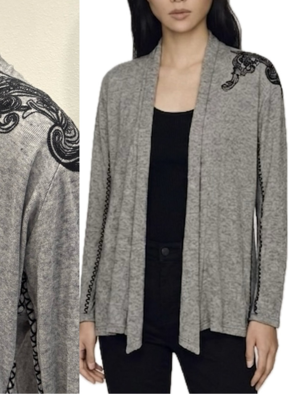 Love Culture Embroidered Open Cardigan Size M Grey Lightweight Wool Blend Fairy
